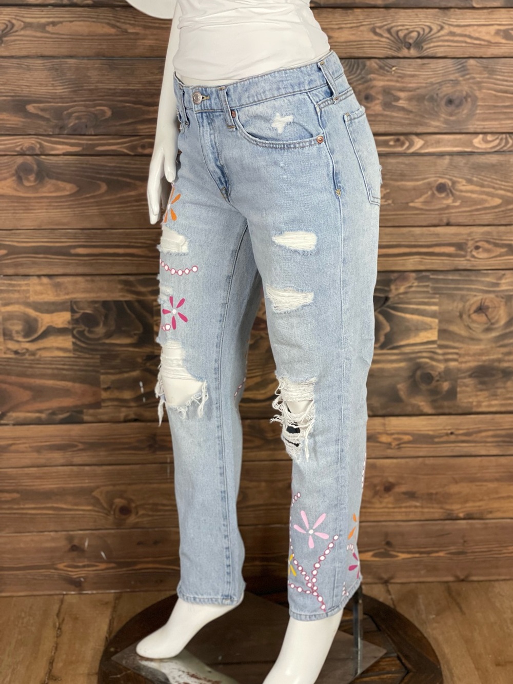 AERO | Boyfriend Light Wash Hand Painted Dot Floral Distressed Denim Jeans Holes